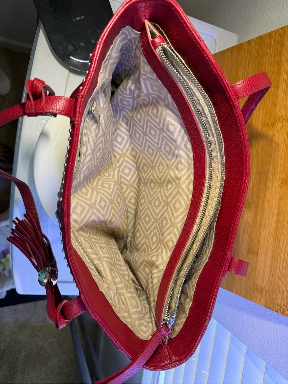 Brighton Red Studded Leather Tote Bag with Tassel and Heart charm - Picture 9 of 9